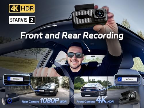 Pelsee P1 Pro 4K Dash Cam Front and Rear, STARVIS 2 Sensor, 64GB Card, Dual Dash Camera for Cars with Full-Color Night Vision, HDR WDR, ADAS, GPS, WiFi & Voice Control, 24H Parking Mode, 3.39" Screen - 1
