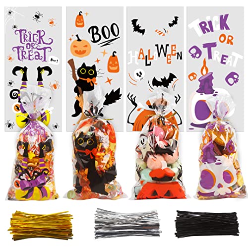 CCINEE Halloween Cellophane Treat Bags, 200pcs Clear Cello Candy Bags with Twsit for Halloween Trick or Treat Party Supply