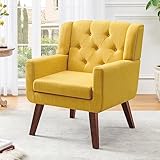 Accent Chair Button-Tufted Upholstered Living Room Chairs Comfy Reading Chair Mid Century Modern Chair with Linen Fabric Lounge Arm Chairs for Living Room Bedroom (Bright Yellow)