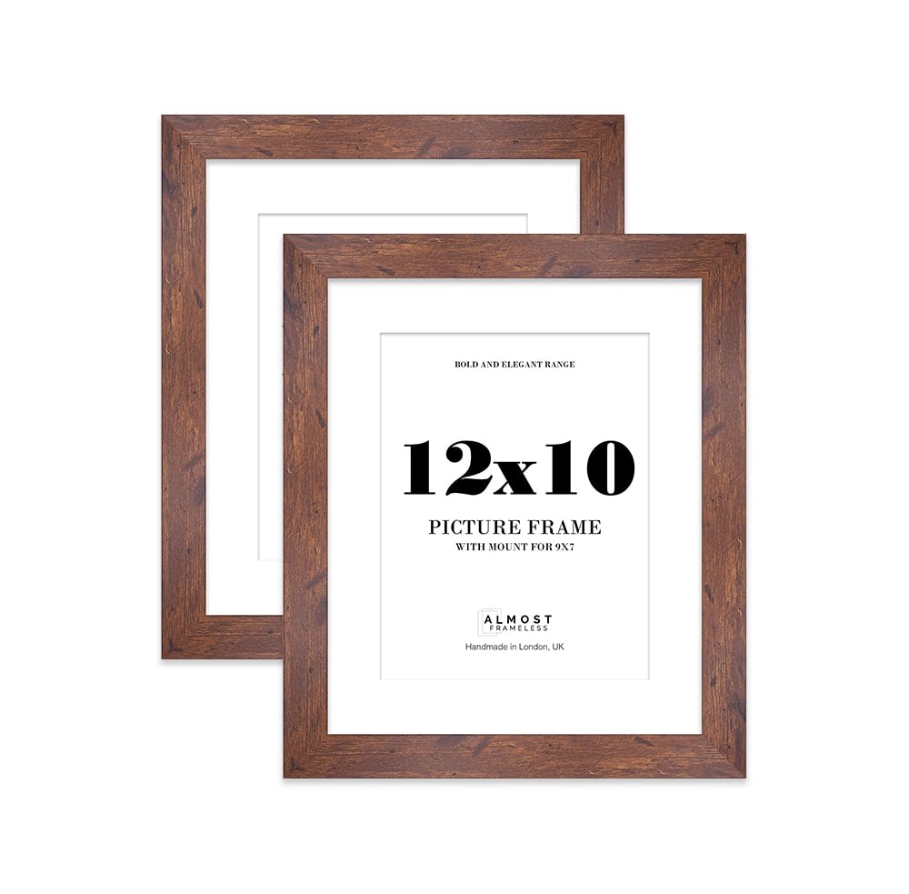 12x10 Rustic Wood Frame With Mount for 9x7 Pictures 28mm Edge Portrait and Landscape Display with Wall Hooks and Kickstand, 2 Pack