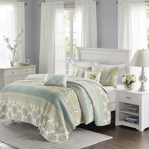 Madison Park 100% Cotton Quilt Set Floral Print, Double Sided Stitching, All Season, Lightweight Coverlet Shabby Chic Bedding Layer, Matching Shams, Full/Queen(90"x90"), Green Yellow 6 Piece by Madison Park - Image 2