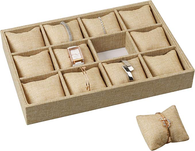 Arah Jewels Wooden Jewelry Organizer Tray, Bracelet Pillows for Jewelry Display, Stackable Watch Organizer Tray 12 Grid Watch Pillows Tray For Watches Bracelets Gifts for Girls Women