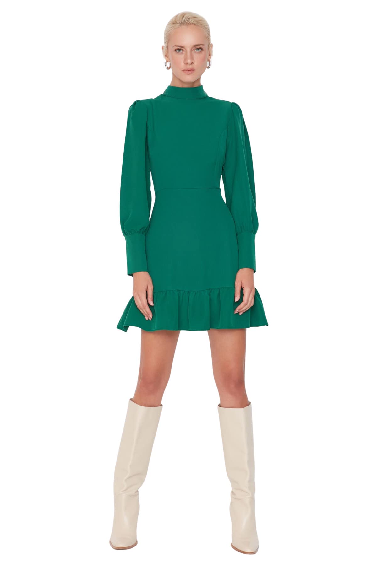 Trendyol Damen Women Ruffle Hem Regular Fit Woven Dress Midi-Rüschensaum, Normale Passform, gewebtes Kleid, Emerald, 32