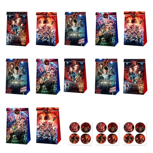 AIEWEV 12-Pack Stranger Party Gift Bags with Stickers Mysterious Alternate Dimension Theme Goodie Bags for Teen Birthdays and Movie Nights