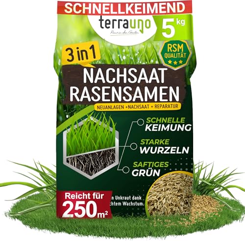 Terrauno - Nachsaat Rasen I Rasensamen schnellkeimend I Extrem hohe Keimrate I Für 250 m² I Rasensamen trockenresistent zur schnellen Lückenschließung I Rasennachsaat RSM Qualität