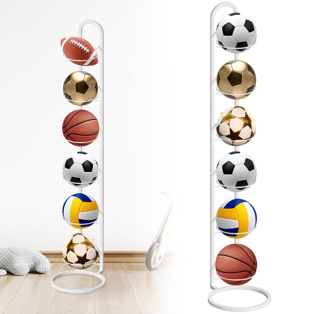 SKJJM Ball Storage Rack, 6 Tier Vertical Removable Football Stand, Metal Multifunctional Sports Organizer Football Holder, Display Stand for Basketball Football Soccer Volleyball Outdoor Indoor(White)