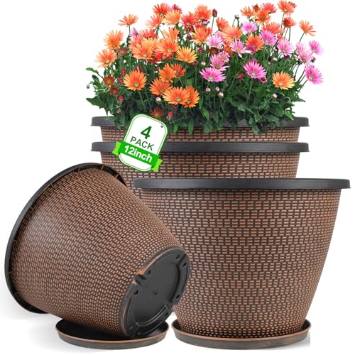 12 inch Pots for Plants, 4 Pack Large Outdoor Planter Pot with Drainage Holes & Saucers, Plastic Flower Pots for Indoor Plants, Decorative Garden Pots for Indoor & Outdoor Plant (Black Copper)
