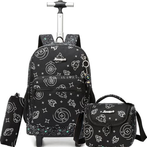ZBAOGTW Mochila infantil de rodinhas com rodas, mochila de rodinhas para meninos, mochila escolar para viagens primárias e uso diário, Planeta preto, 16.54*11.81*6.3in, Personalizado