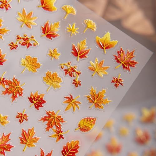 Image of Autumn Maple Leaf Nail Stickers 5D Embossed Fall Nail Decals for Nail Art | Gold Red Leaves Nail Art Stickers with Design Self Adhesive Nails Charms Supply for Women Manicure Decoration Accessories