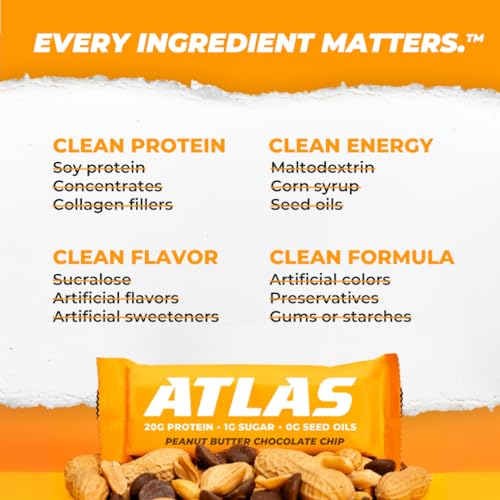 Image of Atlas Real Food Protein Bar - 20g Protein, 9g Fiber, 1g Sugar, No Seed Oils, No Artificial Sweeteners (Peanut Butter Chocolate Chip, 60 Count)