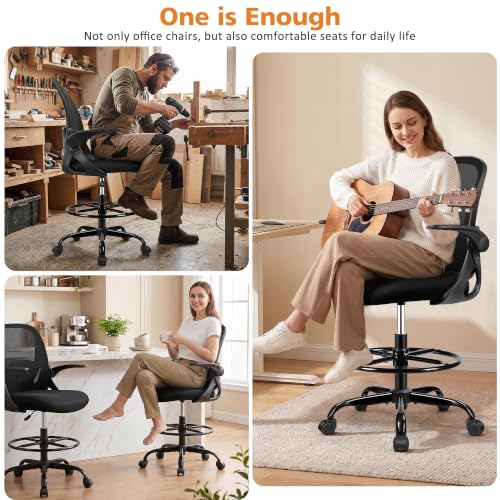 Image of Drafting Chair Tall Office Chair with Flip-up Armrests, Adjustable Height, and Enhanced Lumbar Support - Ergonomic Rolling Stool, Back Support, and Adjustable Foot Rest Ring for Standing Desk Black
