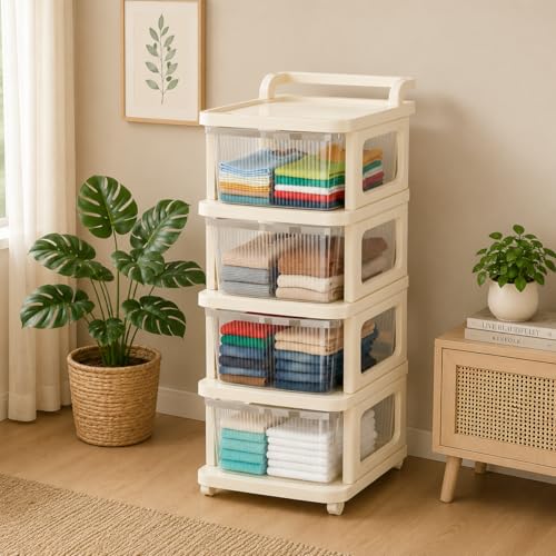Image of URBAN LUXY Plastic Storage Drawer Organizer with Wheels | Multi-Purpose Chest of Drawers for Home, Office & Bedroom | Clothes, Toys & Stationery Organizer ((Ivory & Brown), 4 Layer)