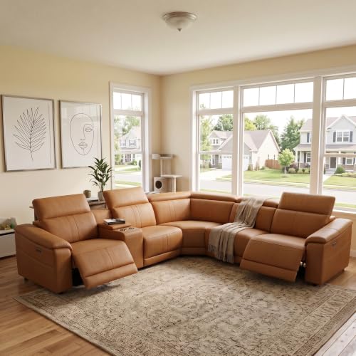 Image of Power Reclining Sectional Sofa, 5 Seat L-Shaped Leather Recliner Sofa with USB Charging /Storage Console /Cup Holders, Home Theater Seating, Light Brown Sectional Couch for Living Room, Apartment