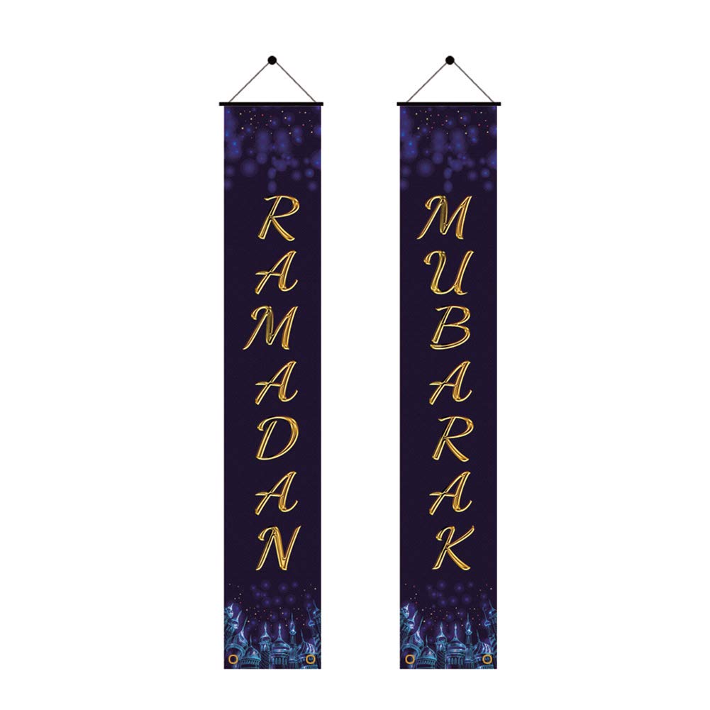 ZJJ 1 Pair Ramadan Eid Door Couplet Porch Hanging Sign Decoration Set Home Eid Mubarak Banner Flag for Indoor Islamic Muslim Festival Party