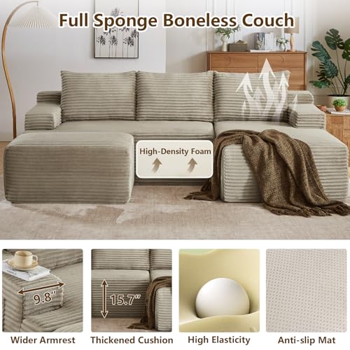 Image of 96 inch U-Shape Cloud Couch, Modern Modular Sectional L-Shape Sofa with Ottoman, Corduroy Upholstered Couches Deep Seat Sleeper Chaise Longue for Living Room, No Assembly Required(Camel, Right Facing)