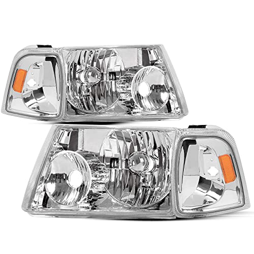 BRYGHT Headlight Assembly Fit for 2001 to 2011 Ford Ranger with Corner Light 4PCS Driver and Passenger Side (Chrome Housing with Amber Reflector)