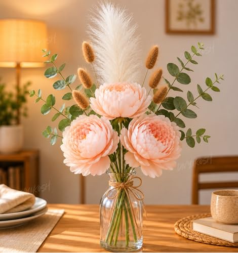 Image of Divyakosh Artificial Flowers for Vase (Vase Not Included) Light Peach Peony Bouquet with Eucalyptus, Bunny Tails & Pampas Grass for Living Room, Table Centerpiece, Home Decor