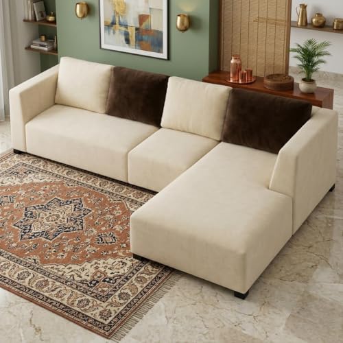 Image of FURNY Olympus 6 Seater RHS L Shape Sofa Set | Plush Velvet Suede Fabric | Modern Design | Soft Comfort Dual Color Cushions for Living Room, Office & Hotels (Cream-Dark Brown)