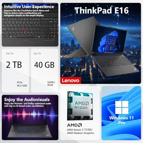 Image of Lenovo ThinkPad E16 Business Laptop, 16 inch WUXGA Anti-Glare Display, AMD Ryzen 5 7530U(> i7-1165G7,Up to 4.5GHz), 40GB RAM, 2TB SSD, Fingerprint, Backlit, Wi-Fi 6, Windows 11 Home,RJ-45,with 5 in 1 Hub