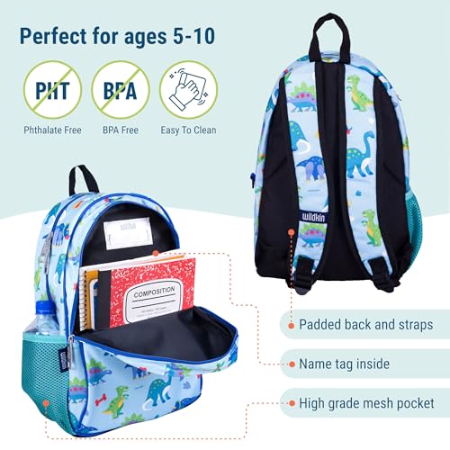 Image of Wildkin 15 Inch Backpack for Kids, Dinosaur Land | Ages 5-10, padded straps, side water bottle pocket - coordinates with matching Wildkin lunch boxes and water bottles