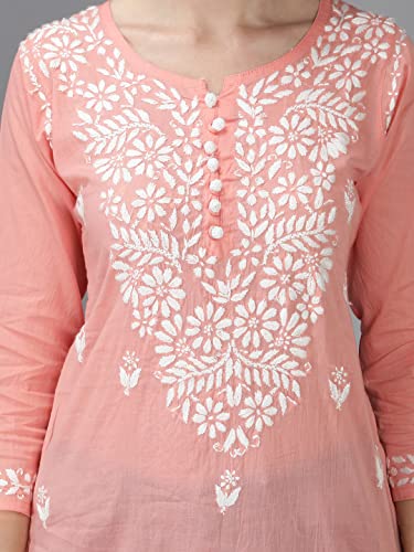 Image of Seva Chikan Hand Embroidered Lucknowi Chikankari Cotton Short Top Tunic for Women SCL9017