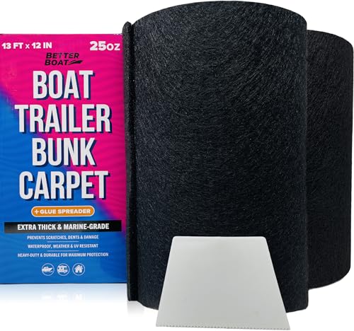 Boat Trailer Bunk Carpet Black, 13ft x 12in Roll, 1/4' Extra Thick Marine Grade, Replacement for Bunk Boards and Runners, Glue Spreader Included - Better Boat - 2 Pack