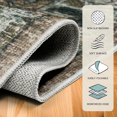 Image of AMERLIFE 8'x10' Area Rug, Machine Washable Vintage Area Rug- Soft Carpet with Non-Slip Backing for Living Room, Bedroom, Hallway- Green