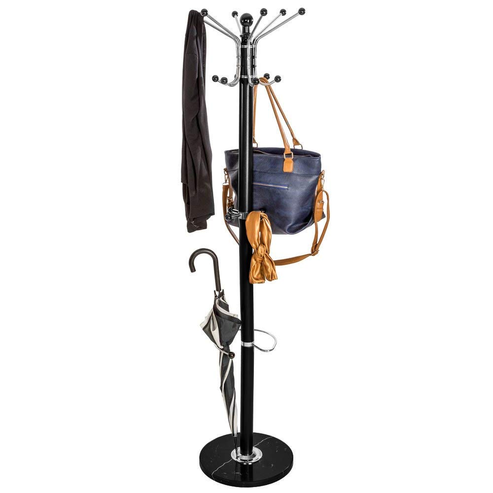 BAKAJI Attaccapanni Appendiabiti di Design a Piantana da Terra in Metallo con 16 Ganci Appendi Abiti Base in Marmo Dimensione 38 x 38 x 180 cm (Nero)
