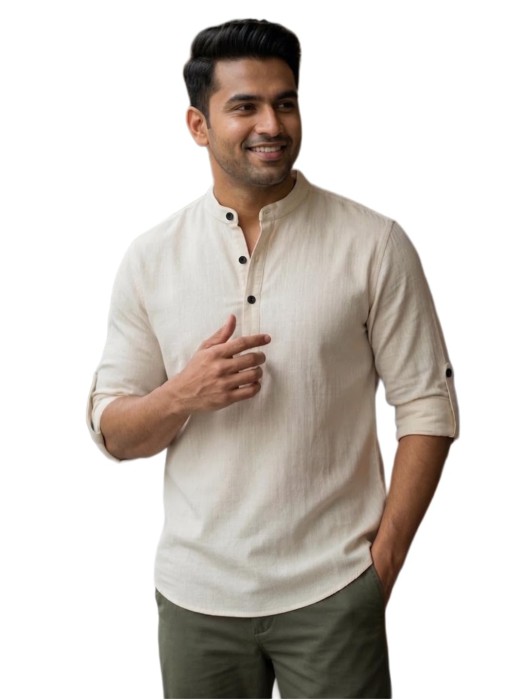 ray light Men's 100% Cotton Solid Short Kurta – Mandarin Collar with Roll-Up Sleeves-picture-24
