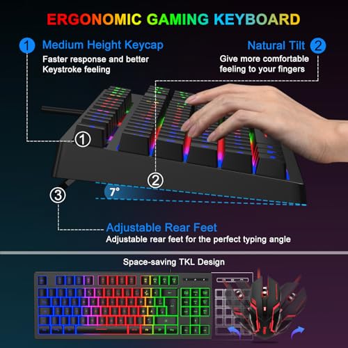 Rewurnth Gaming Tastatur und Maus Set, QWERTZ DE Layout, 75% TKL, RGB Hintergrundbeleuchtete Kabelgebundene Tastatur, Ergonomische 4 Farbige LED Gaming Maus, Großes Mauspad, USB Plug & Play für PC 3