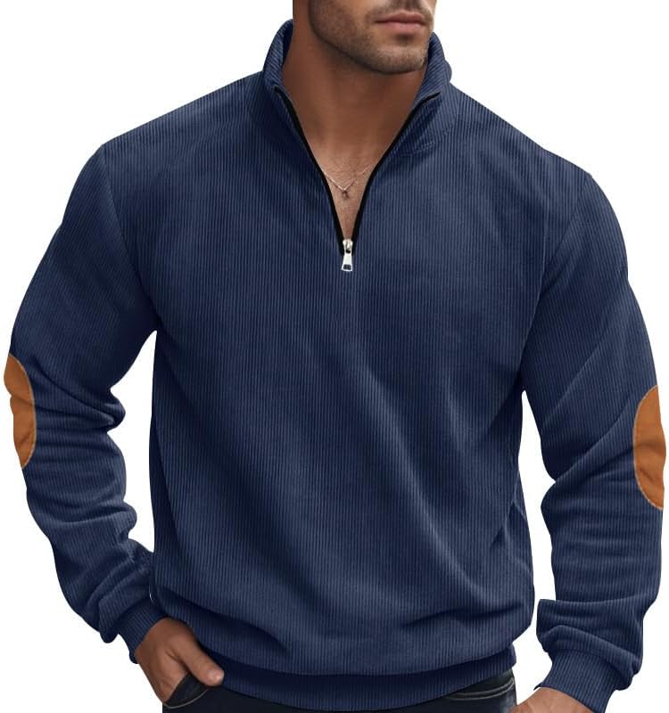 Men's Corduroy Sweatshirt - Oversized Quarter Zip Solid Winter Sweatshirt for Holidays Daily Wear - Image 2