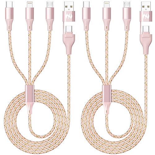 IDISON Multi Charging Cable (4ft 2Pack), 3 in 1 Charging Cable Nylon Braided Cord USB A/C Port iPhone Charger Cord with Type C Lightning USB for Apple iPhone Android Phone-Rose Gold