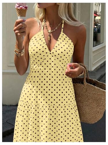 Image of SHENHE Women's Deep V Neck Tie Knot Backless Halter Dress A Line Flowy Ruffle Maxi Dress