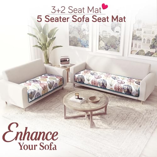 Image of HOKIPO 'Homehues Series' Printed Quilted 5 Seater Sofa Cover Set - Washable 3+2 Sofa Cover Mat | Multicolor Linden Leaf (IN-807 + IN-809 - D7)