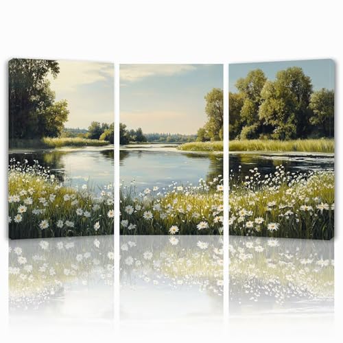 Tableau Decoration Murale Printemps Cadre en Bois Impression sur Toile, Peinture Poster Mural Tableau Nature Triptyque pour Moderne Salon Chambre Restaurant...