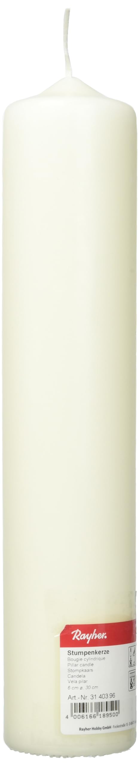 Rayher Pillar Candle, Cream, Round, 6 cm Diameter x 30 cm Length, 100% Paraffin, RAL Quality Mark, Christening/Communion Candle Blank