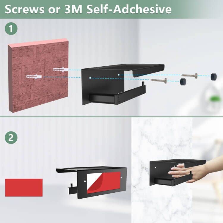 Toilet Paper Holder with Phone Shelf + Towel Robe Hooks, Stainless Steel Wall Mounted Toilet Paper Roll Holder, Double-Sided Adhesive No Drill or Wall-Mounted with Screws Matte Black