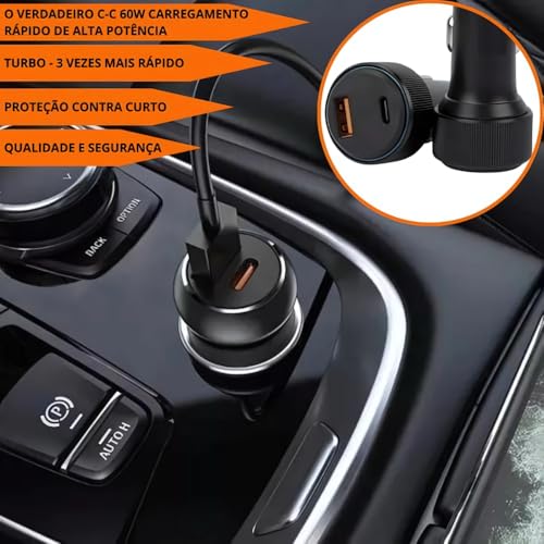 Carregador Veicular Turbo 60W Para Automóvel Carregador de Carro Duas Entradas com Carregamento Supe
