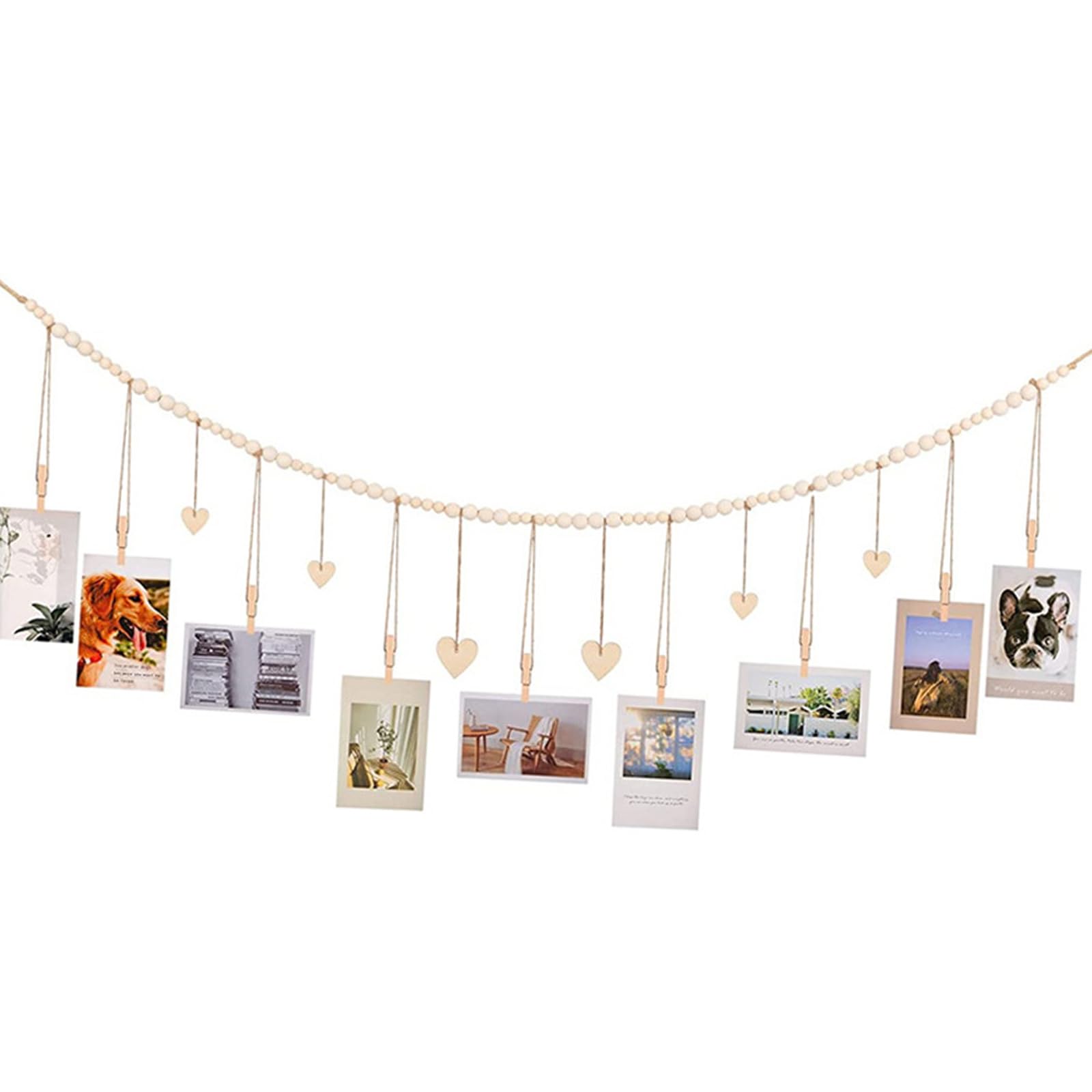 Hanging Photo Display Bohemians Wooden Beaded Garland Pictures Holders with 9Wood Clip Christmas Birthday Womens Photo String with Clip