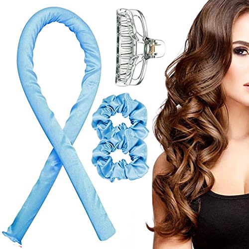 Heatless Hair Curlers Rod Headband for Long Hair Lazy Hair Rollers Overnight No Heat Soft Rubber Silk Curl Former Waves DIY Sleep Styler Rods Headband with Hair Claw Clip Kit for Women Girl (Blue)