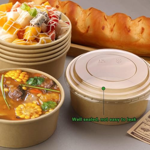 Image of 25 oz 25 Pcs Paper Bowls, Disposable Meal Prep Containers with Clear Lids | Disposable Salad Bowls with Lids, 750 ML Round Disposable Food Containers Suit for BBQ, Gatherings and Parties