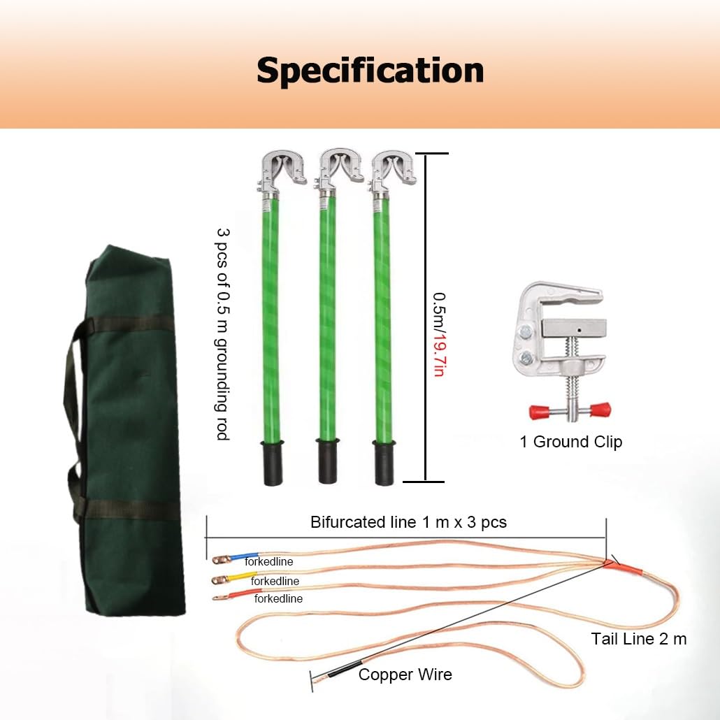 Genérico Cable de Puesta a Tierra de Alta tensión de 10 kV con 3 Varillas/Postes de Puesta a Tierra, Cable de Cobre Blando Transparente de 25 cm² para Salas de distribución eléctrica (Amarillo,