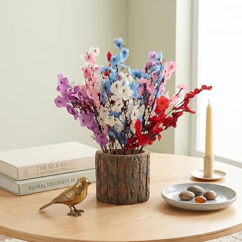 Image of Dekorly Artificia Baby's Breath Flower with Real Wooden Vase (28CM Overall Height) | Decorative Lifelike Faux Floral Plant in Rustic Tree Log Pot for Living Room(Baby's Breadth)