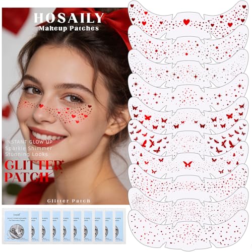 HOSAILY 10 Styles Red Glitter Freckles Face Tattoo Waterproof Sparkle Cute Star Butterfly Face&Body Glitter Speckles Patches for Women Metallic Temporary Tattoo Accessories Makeup for Rave