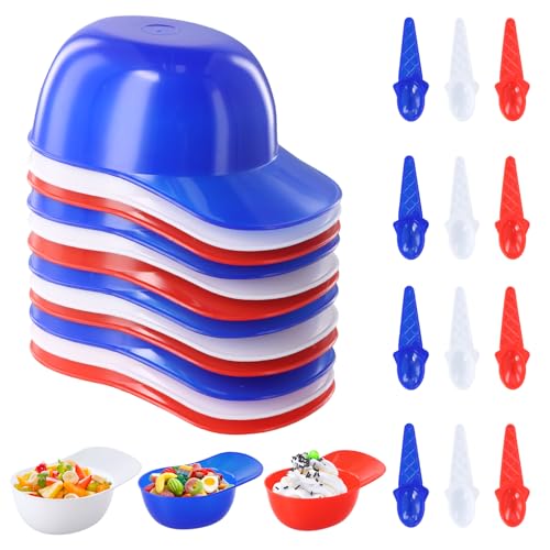 Luxvara Ciotole per Gelato con Casco da Baseball, 12 Pezzi Coppette Gelato con Cucchiaio, Riutilizzabile e Impilabile, Ciotole Dessert Plastica per Famiglia, Campeggio, Feste, 3 Colori