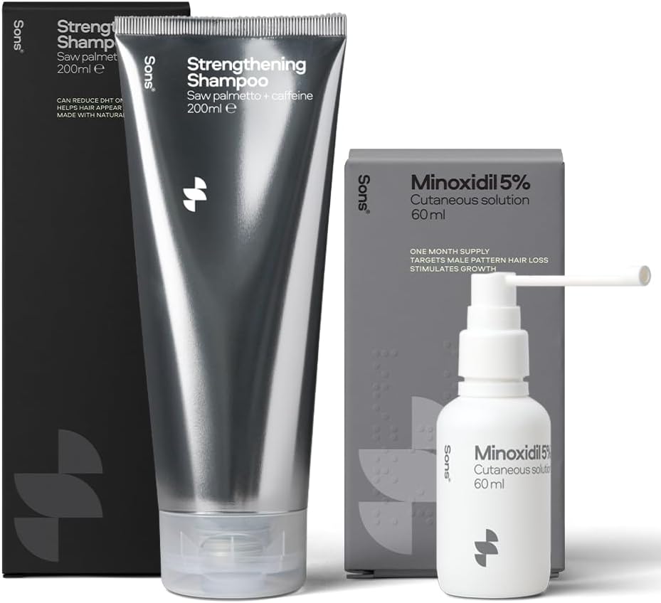 Sons Minoxidil 5% Solution & Hair Growth Shampoo for Men. Hair Regrowth Treatment & DHT Blocker Citrus Head Wash with Caffeine. Hair Thickening & Anti-Dandruff Formula. 1 Month Supply. Made in Europe.