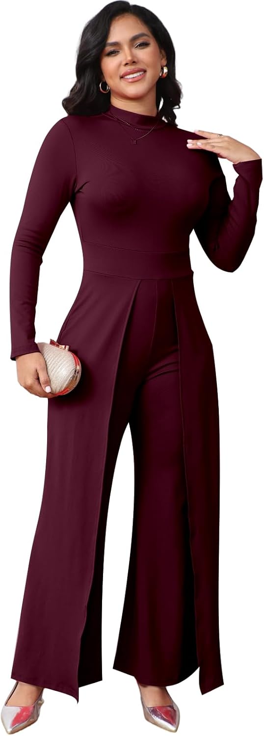 ZonJie Burgundy Long Sleeve jumpsuits for Women Dressy Wedding Round Neck Work Wide Leg Pants Rompers with Zipper,24 Burgundy_X-Large - Image 2