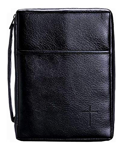Dicksons Soft Black Embossed Cross with Front Pocket Leather Look Bible Cover with Handle, Small, Black, S, Cross