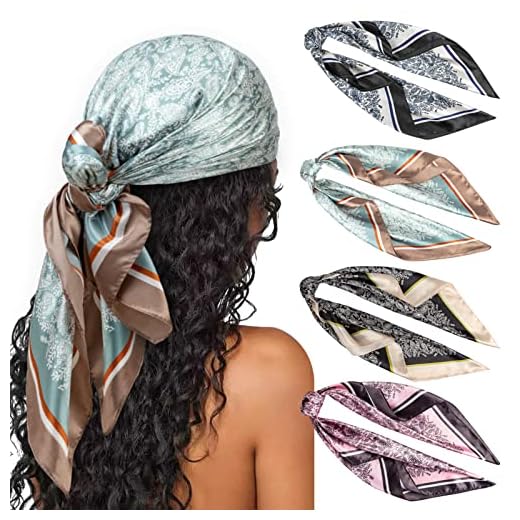 DRESHOW 4 Pack Pañuelos Satén Cuadrados Grandes Pelo Accesorios Seda de Playa Estampado Clásico para Mujer