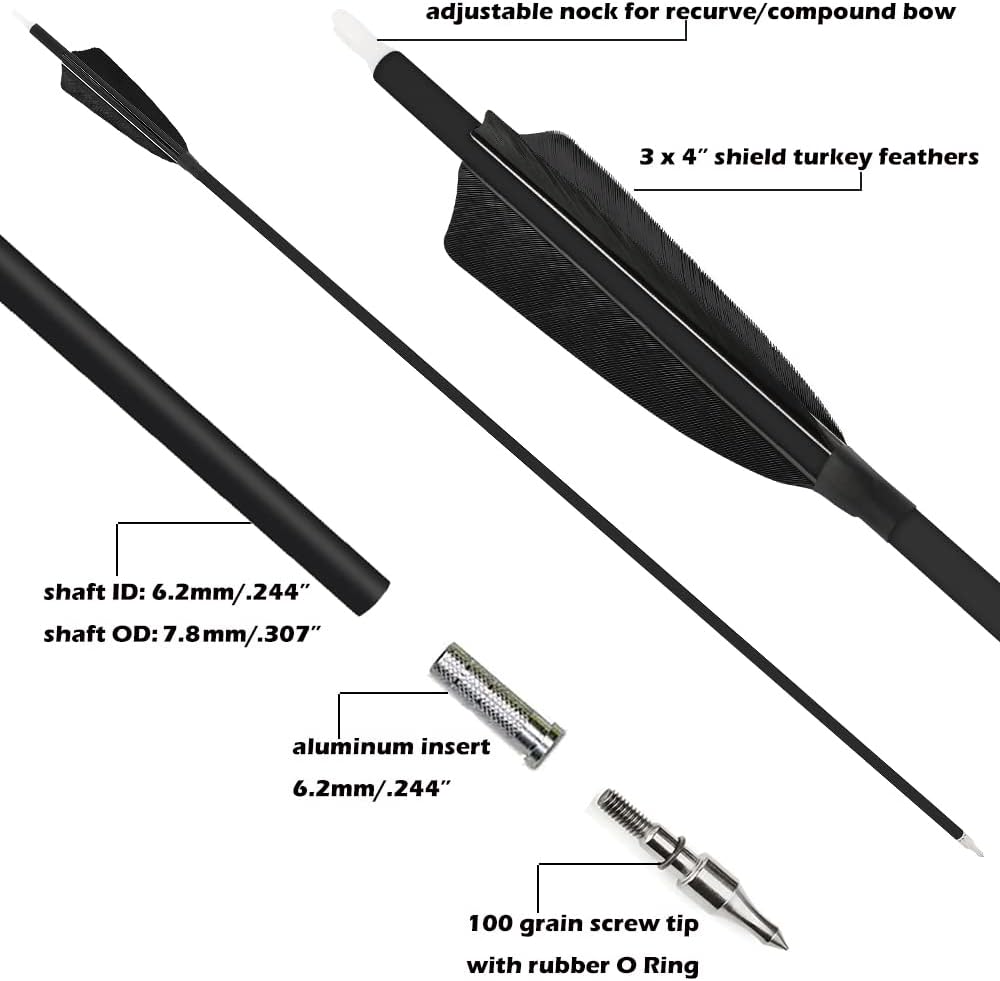 ZSHJGJR 30 Inch Archery Carbon Arrows Hunting Arrows with 4” Turkey Feather Removable Tips Targeting Practice Arrows 500 Spine for Compound & Recurve & Traditional Bow 6/12pcs